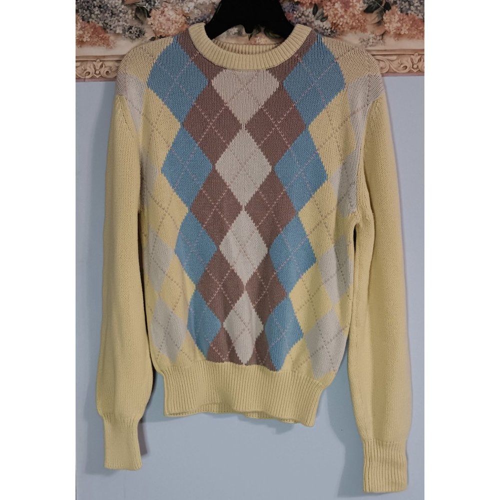 Cumberland Yellow Medium Argyle Diamond Vintage Classic Knit Pullover Sweater